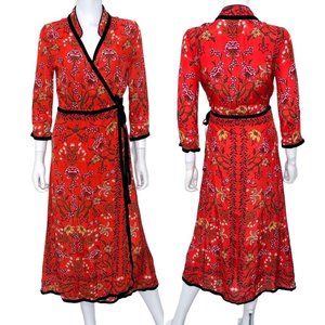 Anthropologie Vibrant Red Floral Wrap Midi Dress